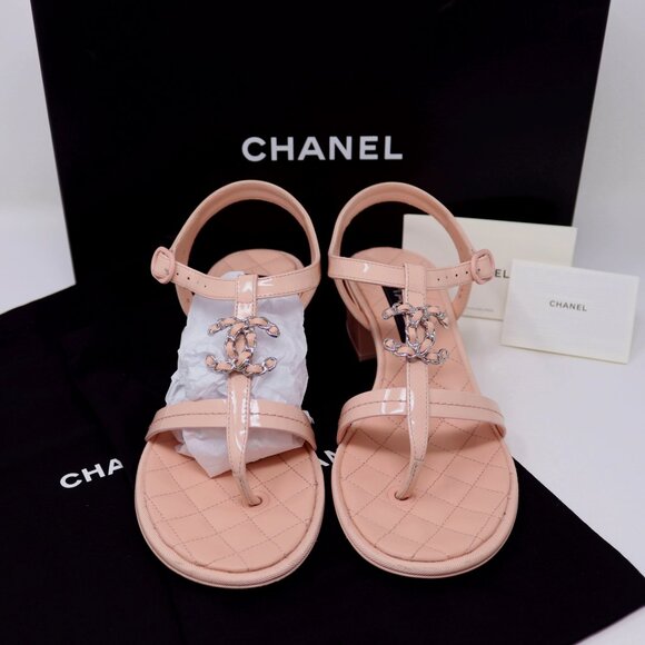 Chanel 37.5 T Strap Thong Sandals Light Pink 23C Chain CC - Picture 3 of 12